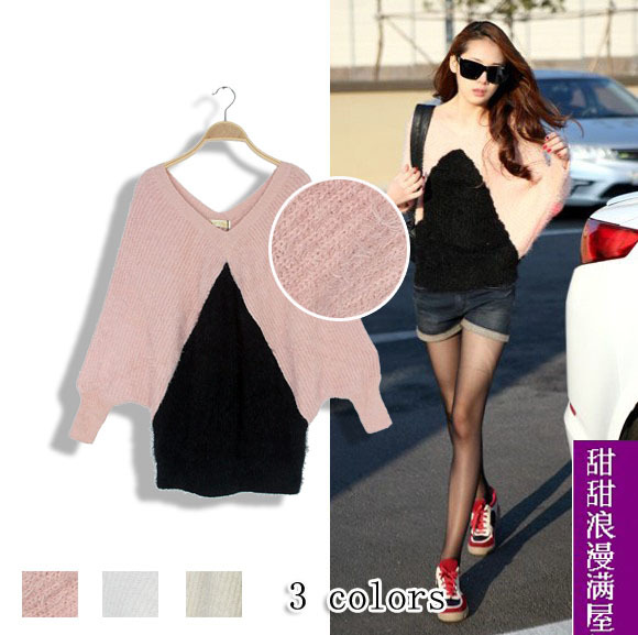 2013 autumn and winter women h5153 faux fashion color block decoration V-neck batwing sleeve sweater outerwear