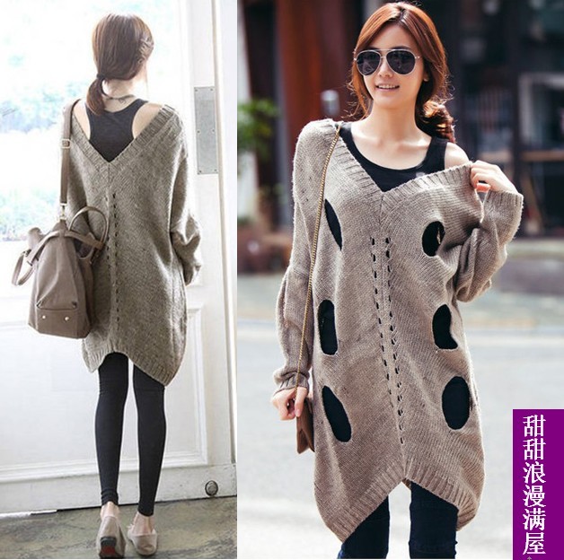 2013 autumn and winter women h7085 casual fashion medium-long V-neck hole front and back sweater outerwear