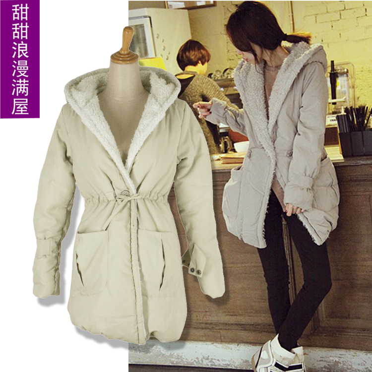 2013 autumn and winter women h7855 casual slim waist berber fleece thickening hooded wadded jacket cotton-padded jacket