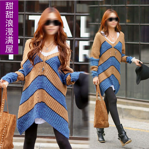 2013 autumn and winter women h91024 casual stripe before and after the V-neck loose medium-long sweater