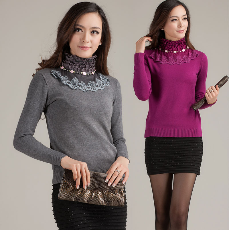 2013 autumn and winter women lace rose tile turtleneck short design basic shirt thick sweater free shipping