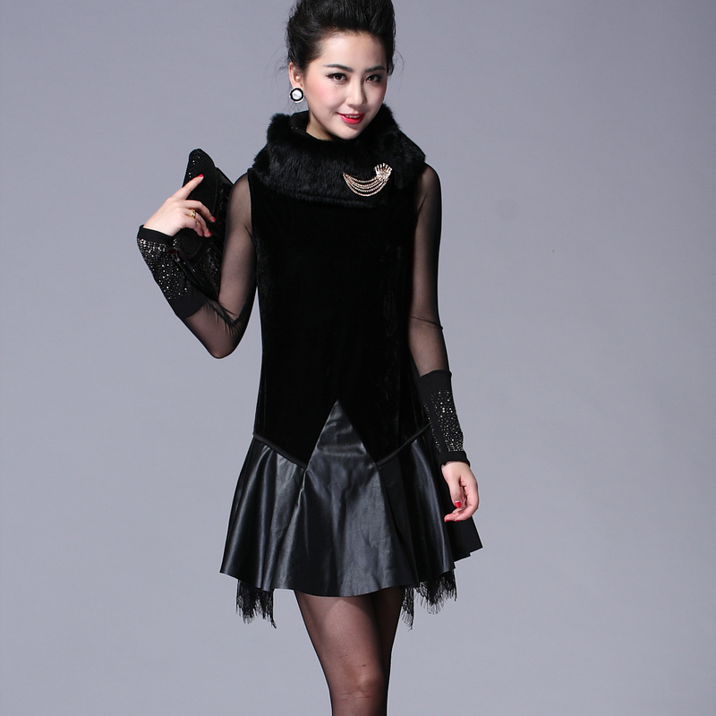 2013 autumn and winter women luxurious rabbit fur one-piece dress water washed leather patchwork turtleneck sleeveless tank