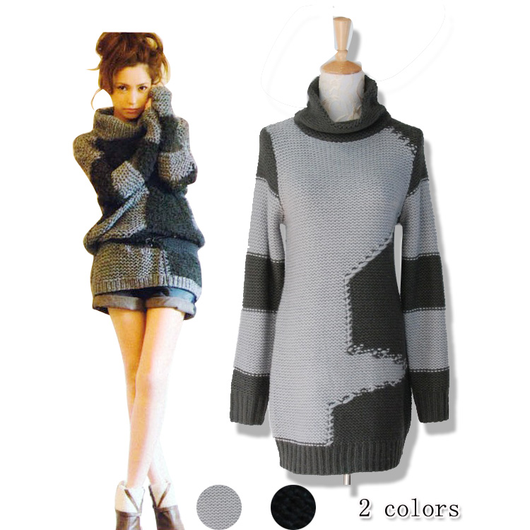 2013 autumn and winter women m03038 casual color block turtleneck yarn medium-long sweater dress