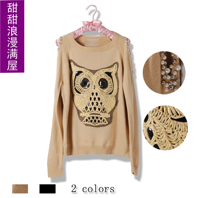 2013 autumn and winter women m50128 owl paillette beading shoulder width sweater outerwear