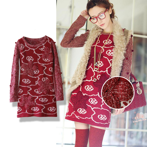 2013 autumn and winter women m67028 sweet princess disk flowers design patchwork long sweater dress