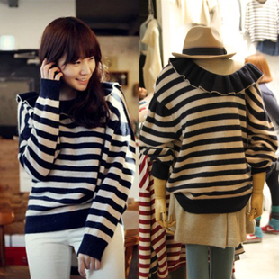 2013 autumn and winter women m7180 sweet ruffle collar batwing sleeve stripe sweater