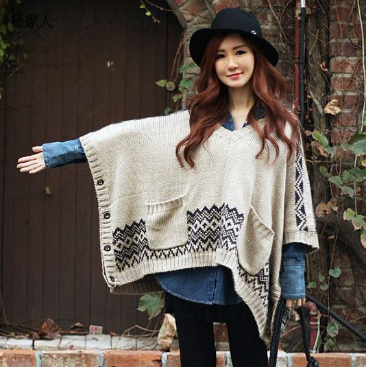 2013 autumn and winter women mantissas sweater square double pocket wave loose plus size sweater outerwear