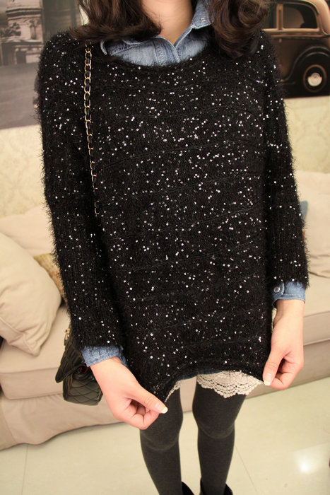 2013 autumn and winter women paillette cutout mohair pullover loose batwing sleeve sweater short design irregular
