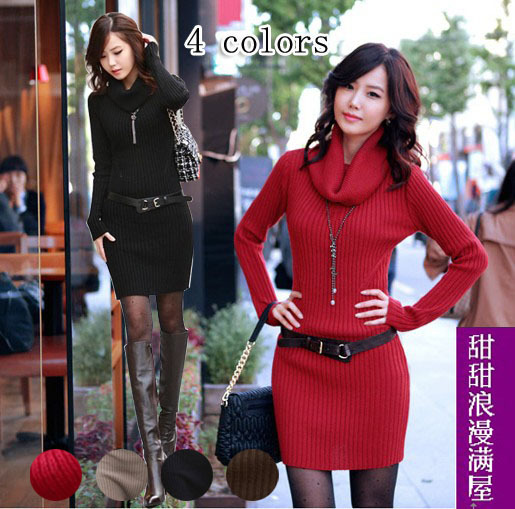 2013 autumn and winter women r6118 elegant brief design slim long turtleneck sweater dress belt