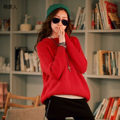 2013 autumn and winter women red solid color raglan sleeve plus size loose knitted sweater outerwear