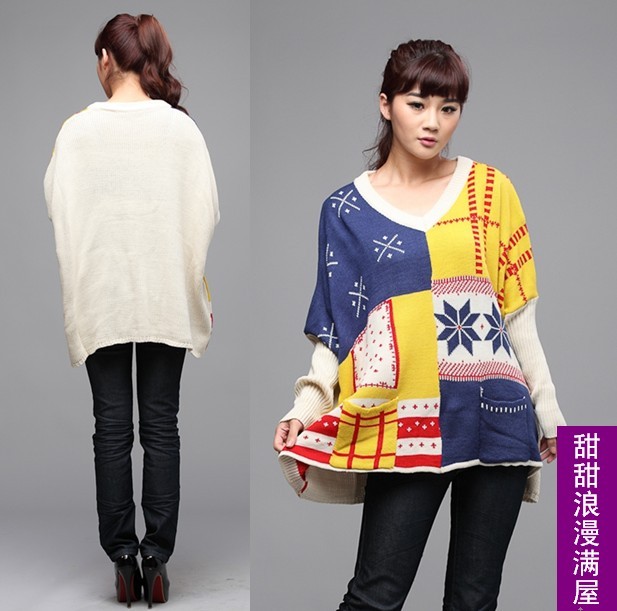 2013 autumn and winter women s08 pocket double layer thickening batwing sleeve loose sweater outerwear