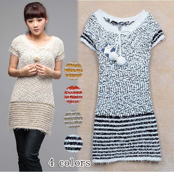 2013 autumn and winter women s4032 sweet cute fur ball stripe medium-long short-sleeve sweater dress