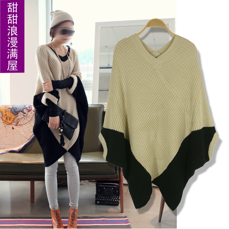 2013 autumn and winter women the anteroposterior V-neck h41025 casual loose medium-long batwing sleeve sweater