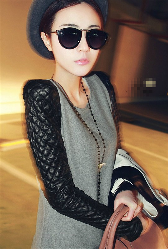 2013  autumn and winter woolen one-piece dress patchwork leather shoulder pads small long-sleeve skirt female Cute dress Brand