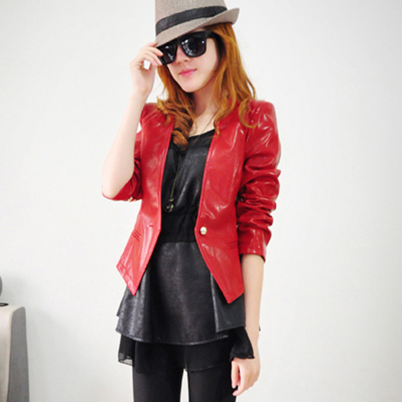 2013 autumn brief V-neck PU water washed leather clothing short design slim leather jacket outerwear female