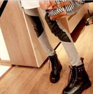2013 autumn cotton large leather patchwork knee ankle length trousers legging pants