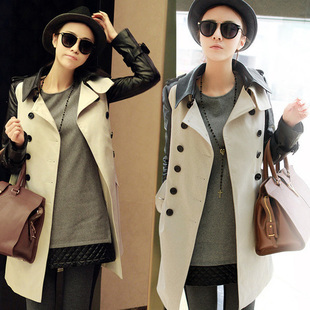 2013 autumn elegant slim women's PU patchwork outerwear fashion double breasted trench normic long design