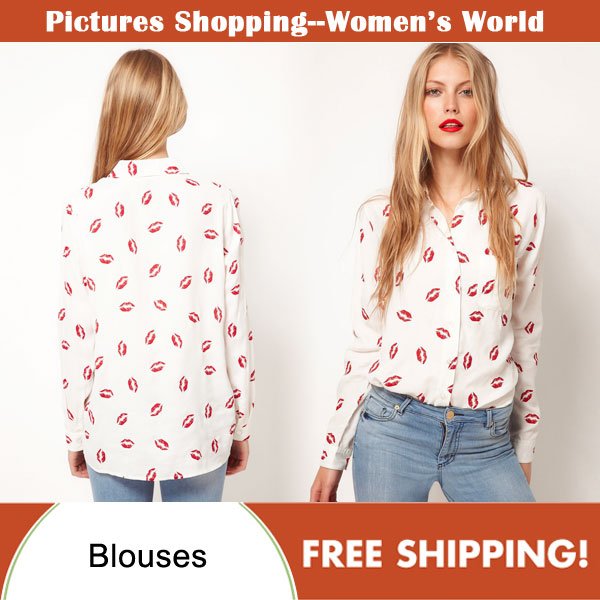 2013 autumn fashion woman clothing long sleeve shirts sexy lip print plus size blouses tops for women #8678