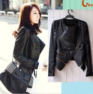 2013 Autumn fashion women leather jacket coat in black with Oblique zipper design free shipping wholesale