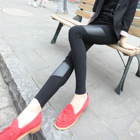 2013 Autumn irregular faux leather patchwork thin legging ankle length trousers k529