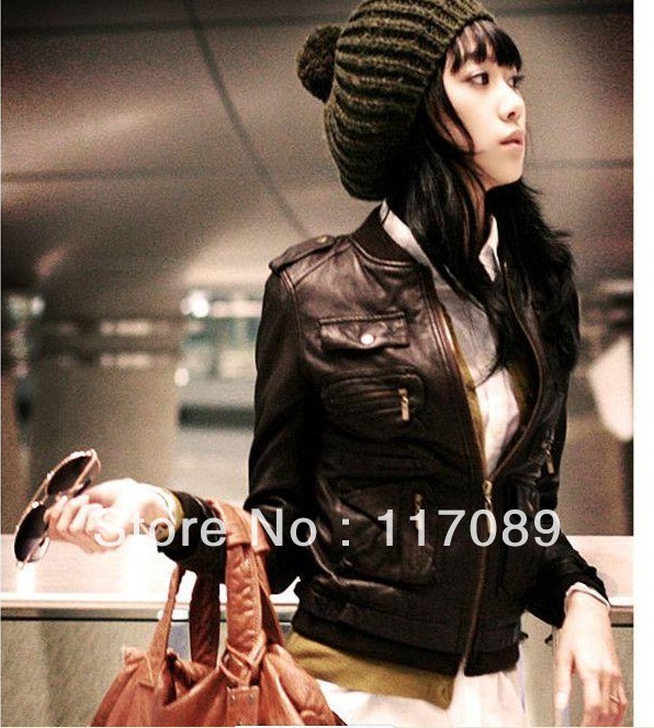 2013 autumn jacket Ladies leather dark coffee multi pocket hooded short paragraph Slim Korean washed pu stand-collar jacket