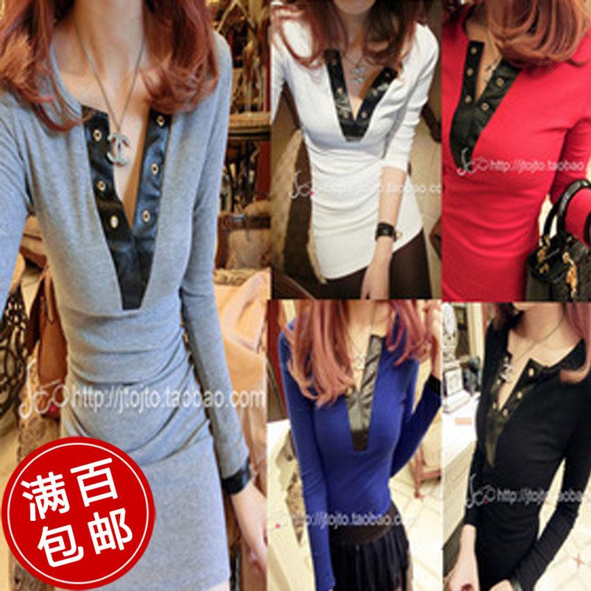 2013 autumn knitted faux leather patchwork V-neck medium-long basic shirt sweet solid color slim long-sleeve t-shirt female