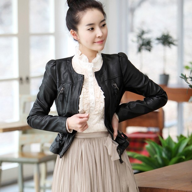 2013 autumn leather clothing female short design slim water washed leather PU jacket o-neck outerwear