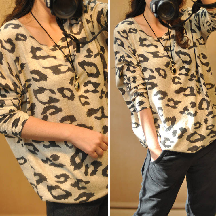 2013 autumn leopard print pattern loose batwing sleeve sweater plus size sweater female
