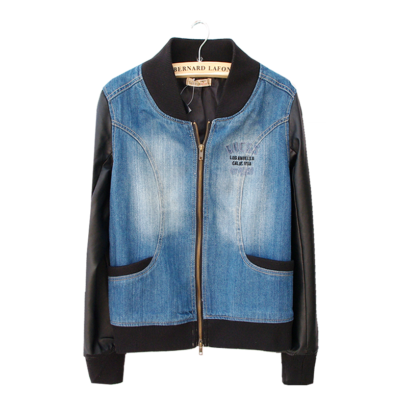 2013 autumn new arrival baseball denim jacket women's hunting jacket PU soft leather coat