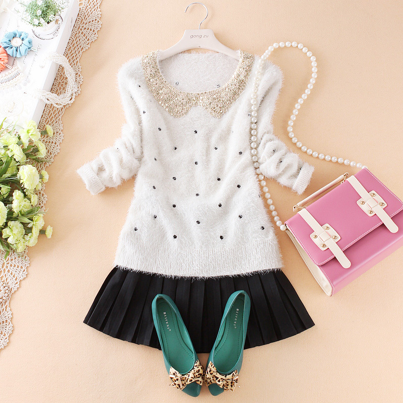 2013 autumn new arrival sweet princess paillette peter pan collar knitted sweater embroidery polka dot long-sleeve basic sweater