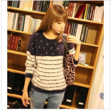 2013 autumn new arrival vintage macrotrichia navy style stripe long-sleeve basic sweater loose pullover wool sweater,S-825