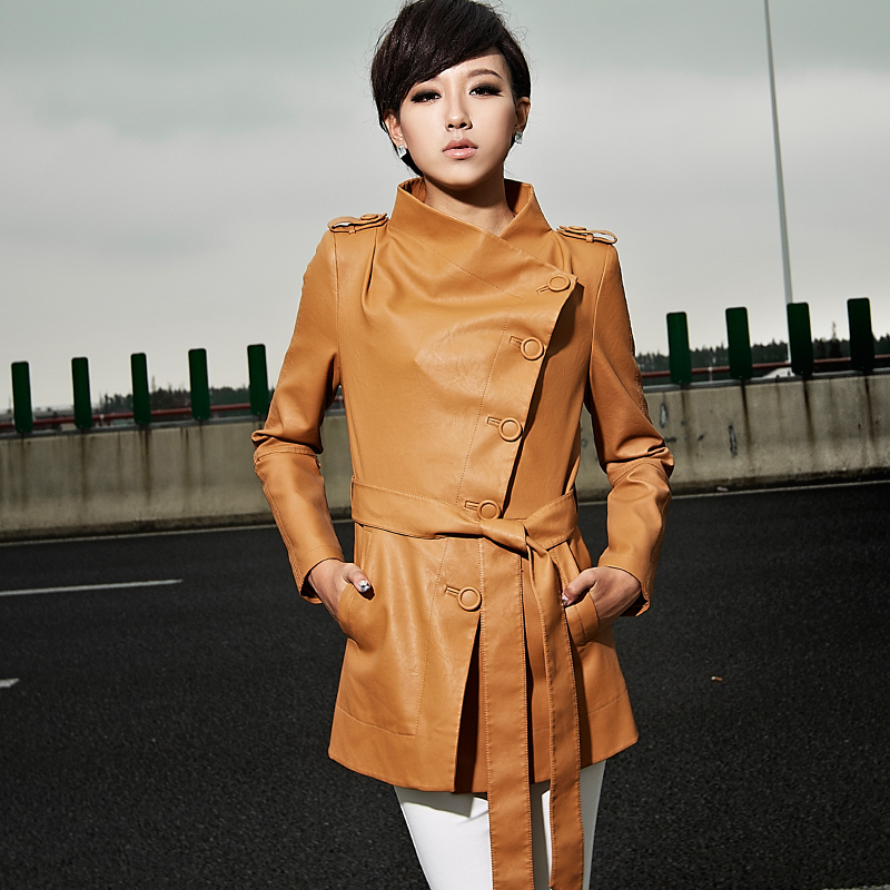 2013 autumn outerwear fashion women's leather clothing female long design slim PU trench 21f3699
