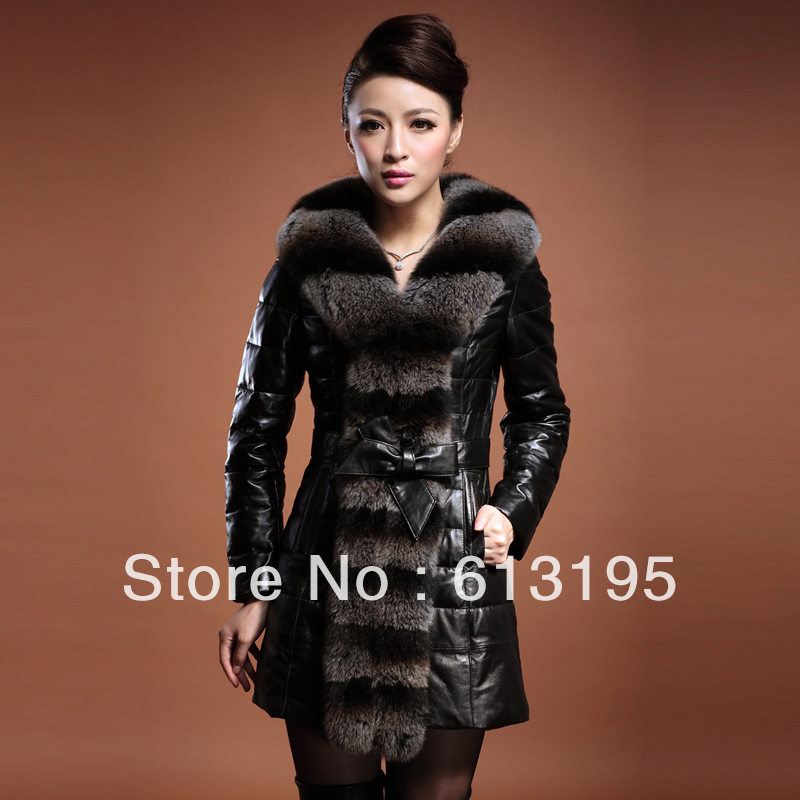2013 autumn outerwear medium-long slim fur collar sheepskin down coat female genuine leather clothing /ydx180