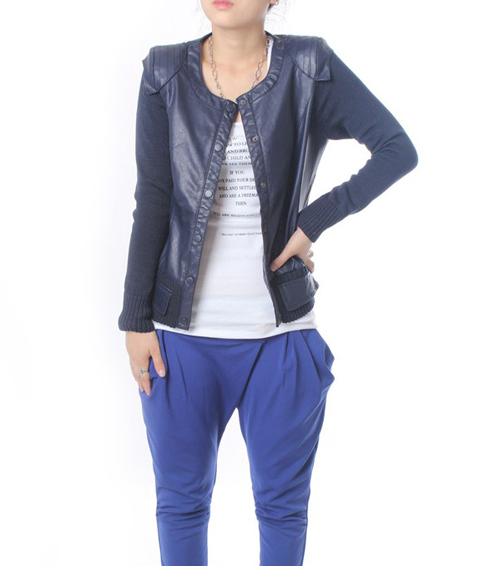 2013 autumn patchwork knitted sleeve paragraph leather motorcycle clothing slim PU women's clip