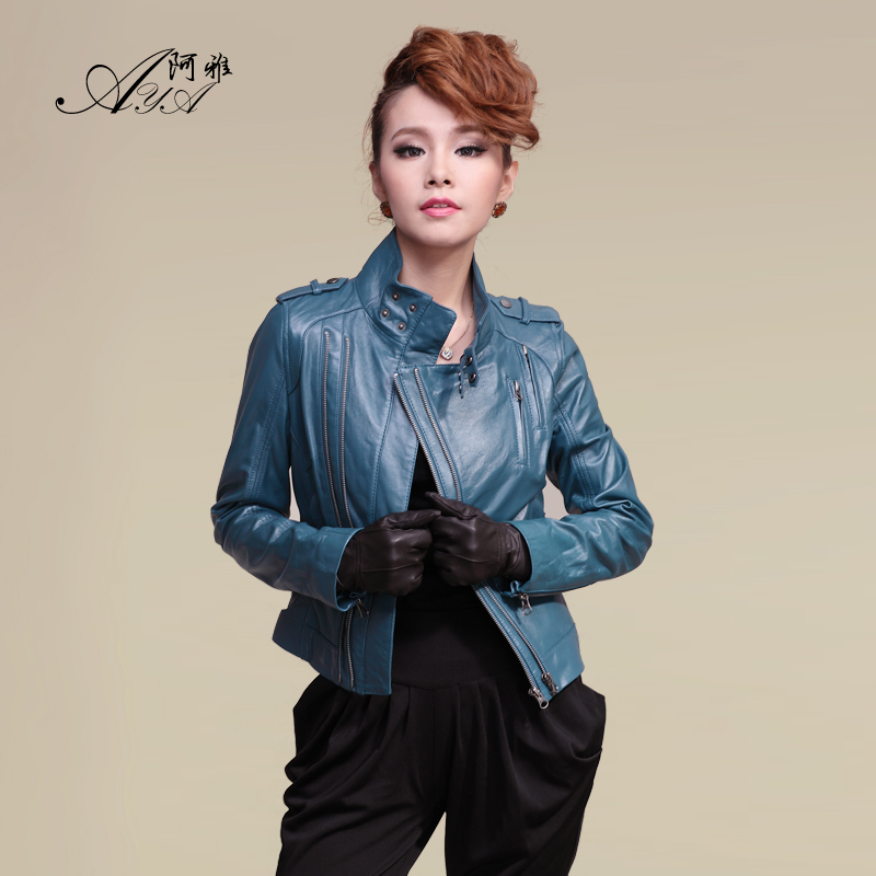 2013 autumn sheepskin leather clothing stand collar slim genuine leather clothing short design women's outerwear