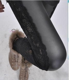 2013 autumn sidepiece lace patchwork high-elastic faux leather pants ankle length legging k551
