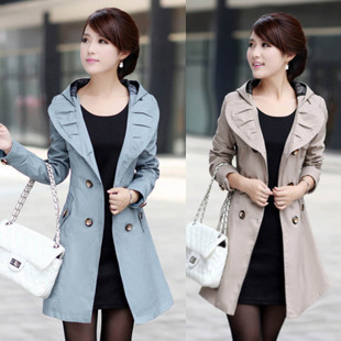 2013 autumn slim elegant women's fashion outerwear female casual double breasted long hooded jacket/coat/free shipping/wholesale