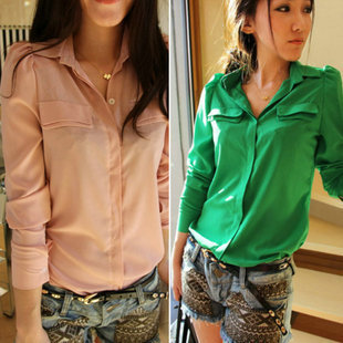 2013 autumn stand collar puff sleeve candy color long-sleeve shirt female