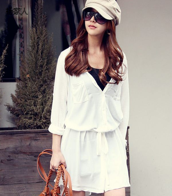 2013 autumn V-neck long-sleeve shirt drawstring cotton unisex wind slim hip shirt female shirt