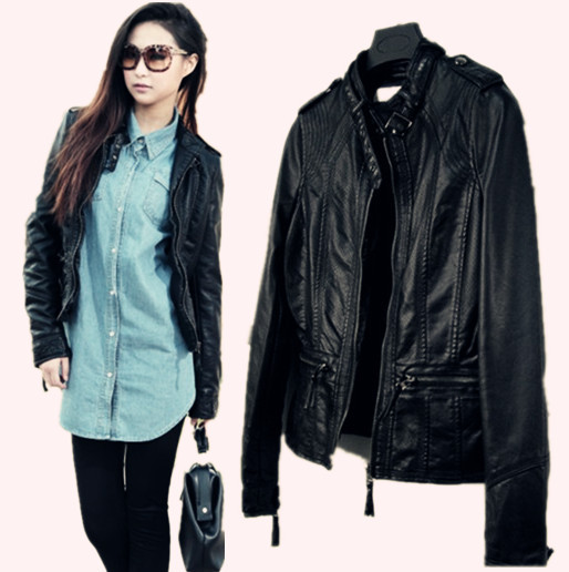 2013 autumn water wash PU stand collar elegant motorcycle leather clothing female short design jacket outerwear Free Shipping