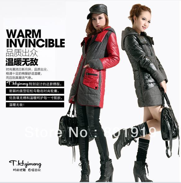 2013 autumn winter clothes new PU leather stitching Slim cotton padded winter jacket and long sections of mixed colors