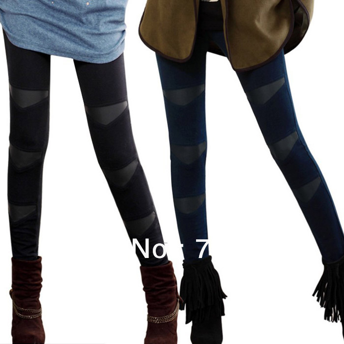 2013 Autumn Winter Fashion Leather Patch Thick Leggings For Women Free Shipping