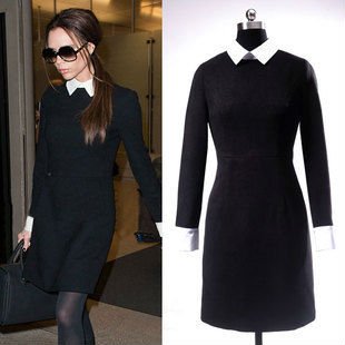 2013 autumn winter new Victoria Beckham with paragraph lapel vintage long-sleeved dress evening commute office women dress