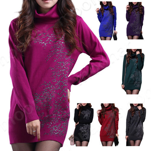 2013 Autumn Winter Women's Slim Long Sleeve Tops  Medium-long Cardigan Sweater Stampa Turtleneck Ladies Knitwear E0852