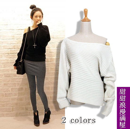 2013 autumn winter women's slit neckline strapless oblique batwing sleeve pullover sweater 3359 high quality l