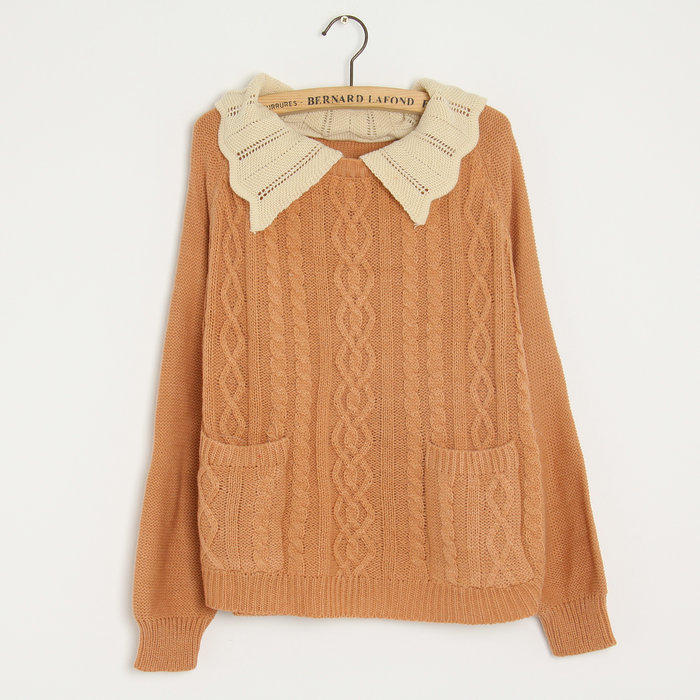 2013 autumn Women peter pan collar turn-down collar pocket short design rhombus twisted stripe loose sweater