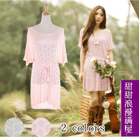 2013 autumn women's 20014 sweet plus size loose cutout thin sweater short-sleeve knit dress