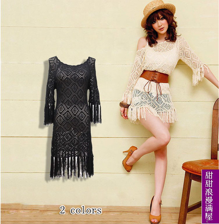 2013 autumn women's 22043 sweet all-match tassel cutout crochet thin medium-long sweater dress