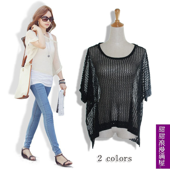 2013 autumn women's 25053 cutout thin casual loose short-sleeve sweater shirt