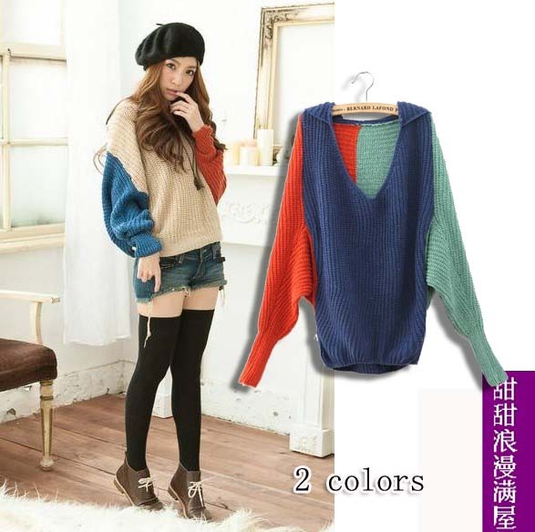 2013 autumn women's 68509 casual loose color block decoration with a hood batwing sleeve sweater thick outerwear